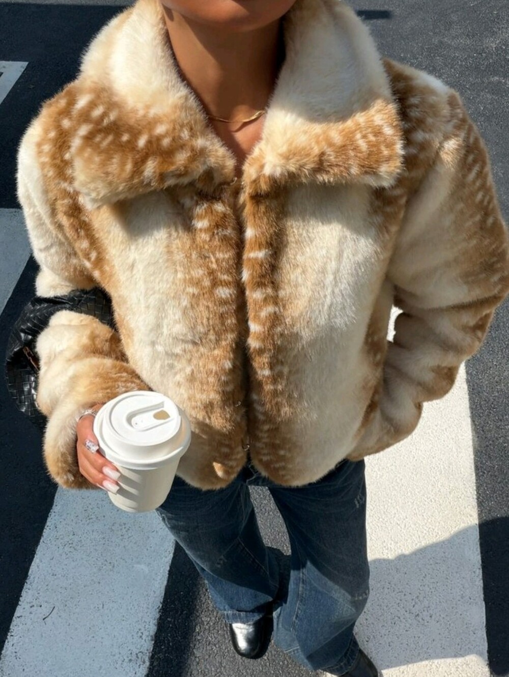 Women's Faux Fur Deer Print Coat, Suitable For Winter Skiing, Street